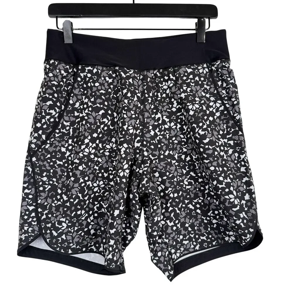 Lands' End Womens Swim Shorts Black White Floral 19L Long High Rise - 4